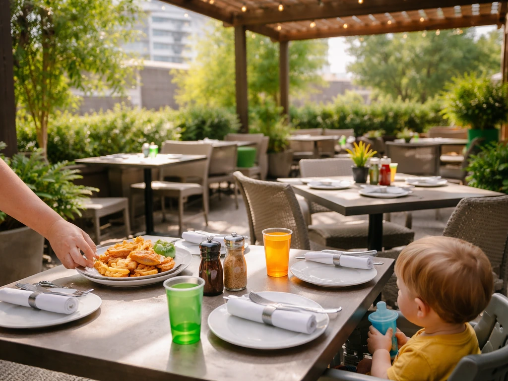 Family dining on a shaded Fort Worth-style patio with space between tables at midday