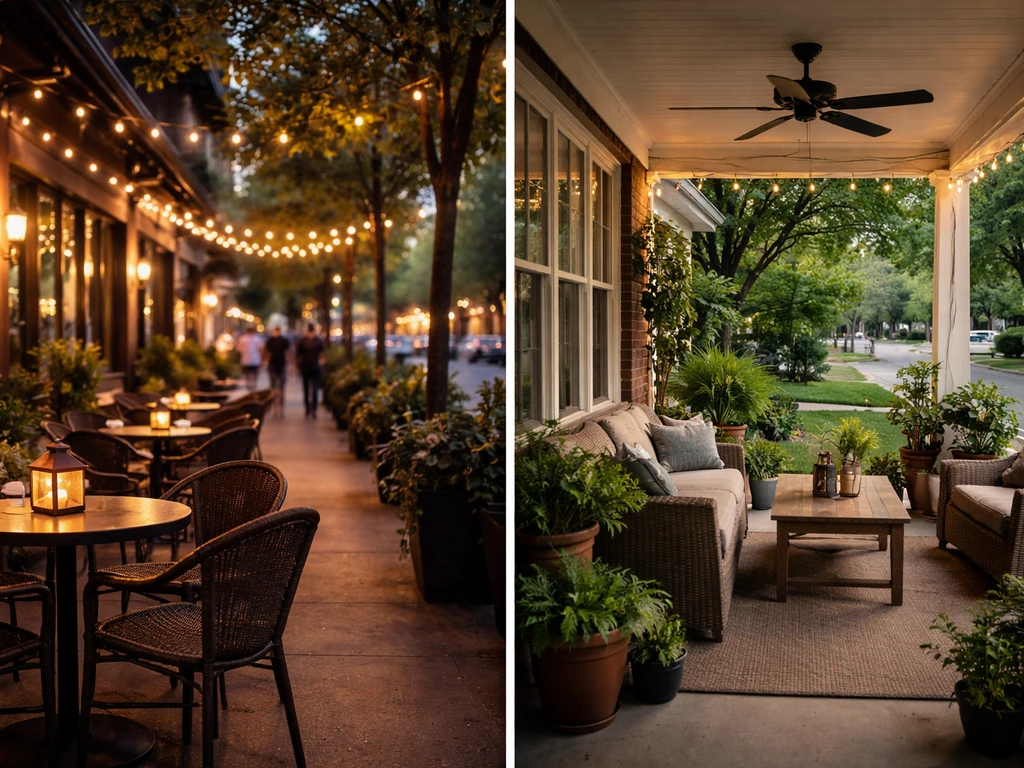 Split view of two Fort Worth patios: lively downtown at dusk and a calm residential porch at evening.