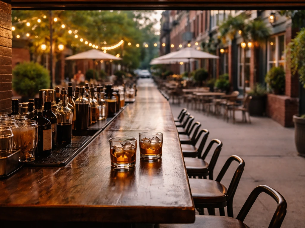 Bar-facing view of Whiskey Ring’s large Cherokee Street patio with an outdoor bar and whiskey drinks.