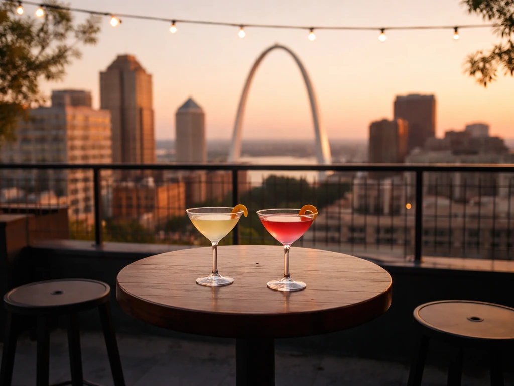 Minimal rooftop bar patio in St. Louis with cocktails and the Gateway Arch at sunset behind.