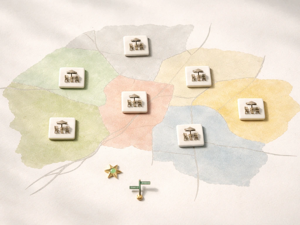 Minimal map-like layout of Houston neighborhoods with small patio icons for a patio-hunt overview.