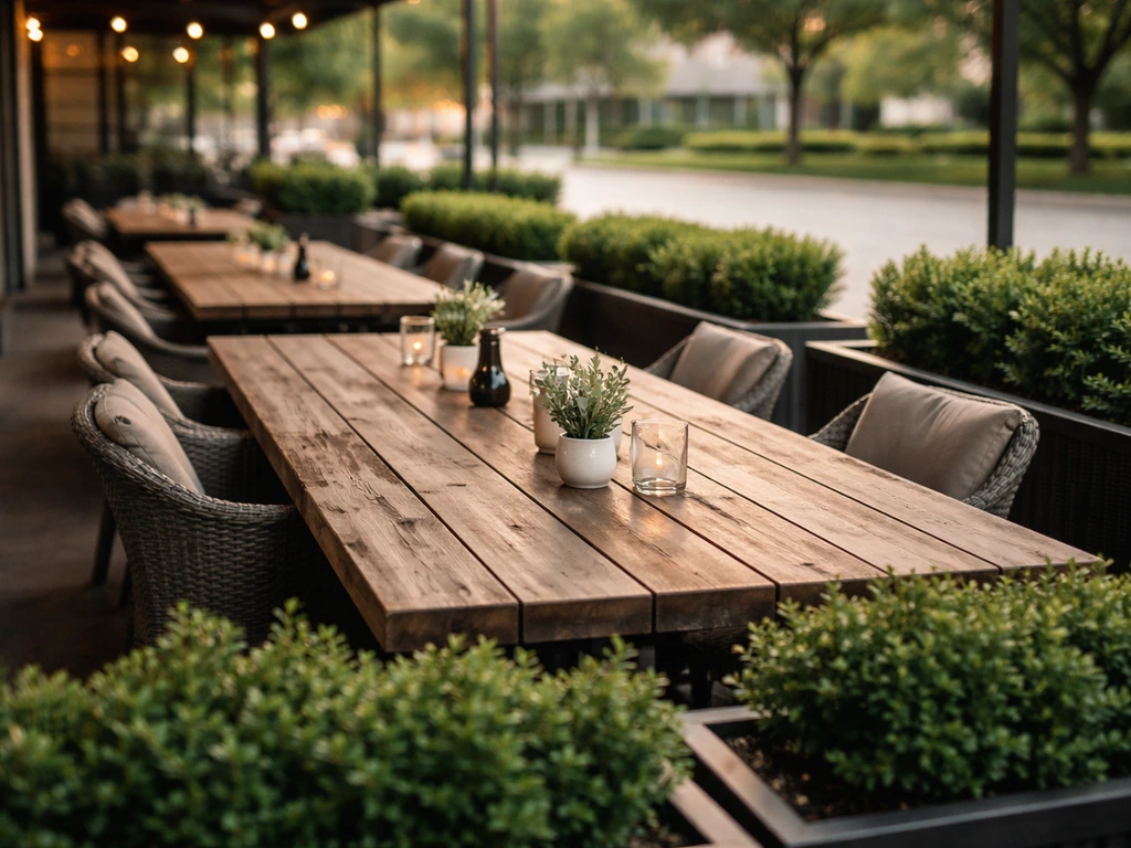 Spacious restaurant patio with rustic table settings and small boxwood shrubs in planters.