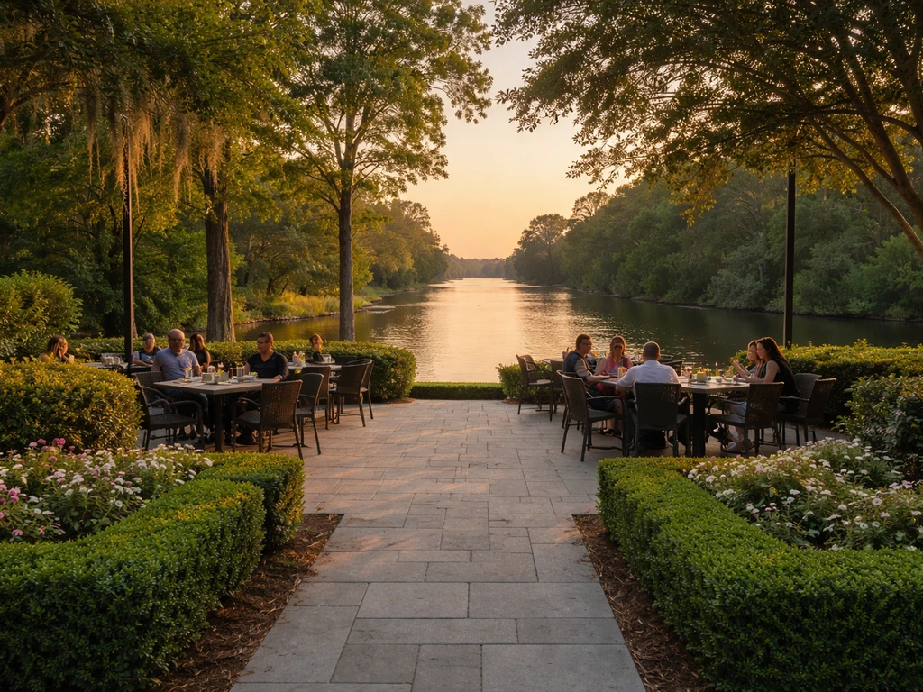 Outdoor patio dining overlooking a calm bayou with manicured greenery and soft evening light.