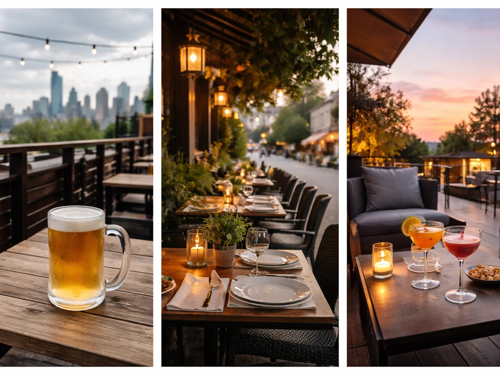 Three-panel outdoor patio scenes: brewery rooftop with beer mug, casual restaurant patio seating, and cocktail bar patio