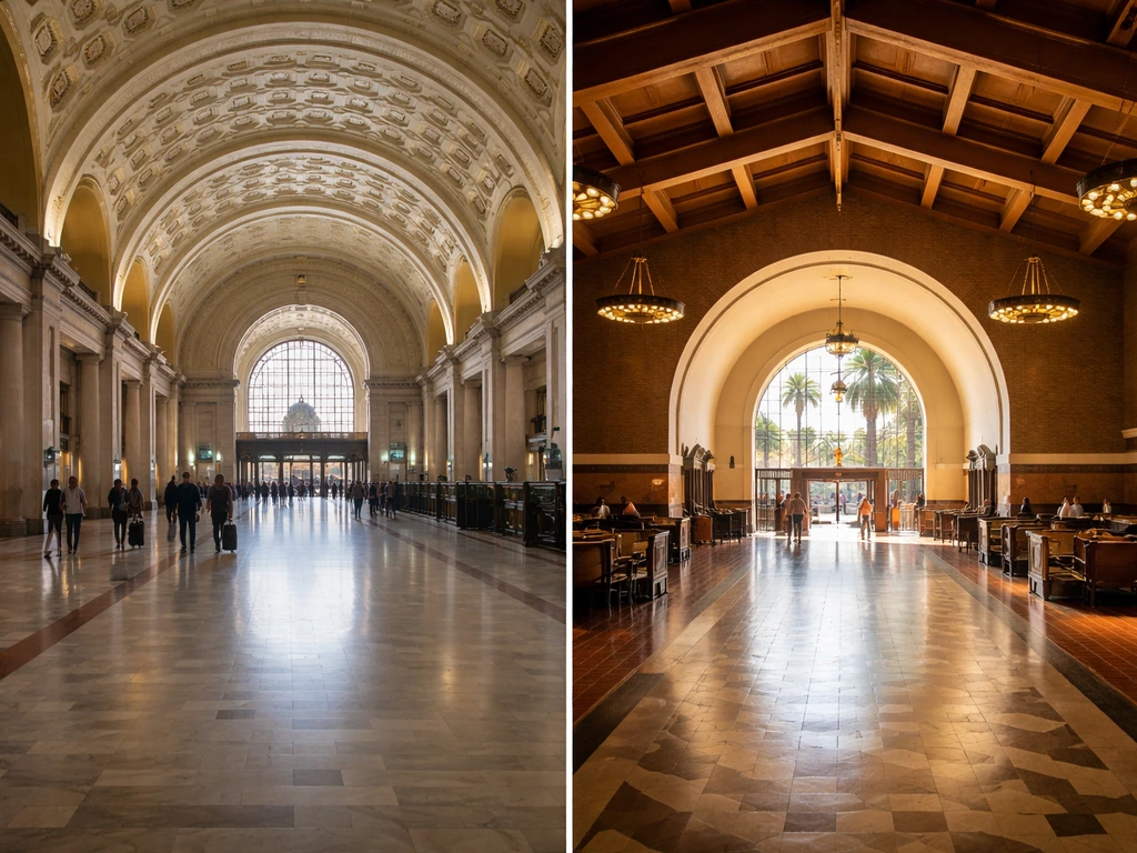 Split view of Union Station interiors: Washington DC concourse on the left, Los Angeles main hall on the right.