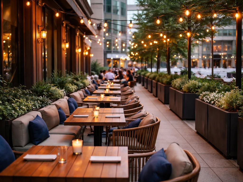 Polished patio seating at Founding Farmers & Distillers near DC Union Station, Washington DC.