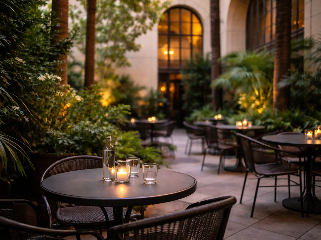 Outdoor garden patio at Traxx Restaurant and Bar near LA Union Station with greenery and patio seating.