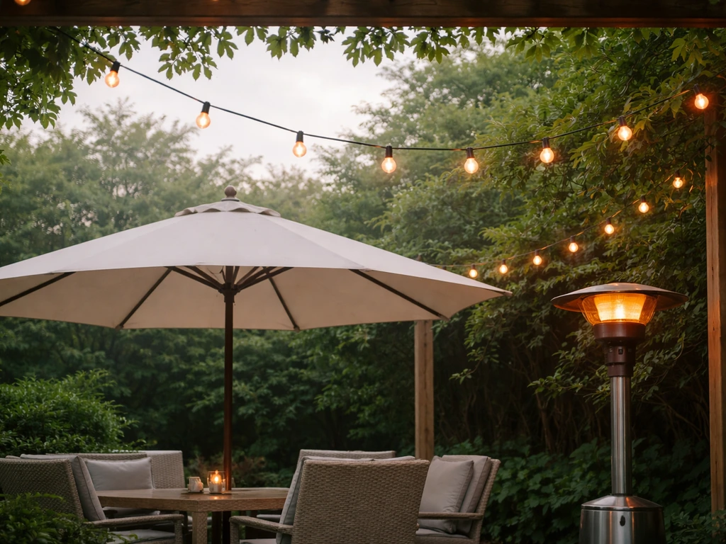 Umbrella-shaded patio with warm string lights and a small outdoor heater for evening comfort.