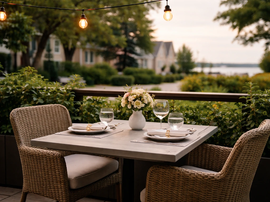 Cozy patio dining in Whitby with neatly set table, warm lights, and comfortable seating outdoors