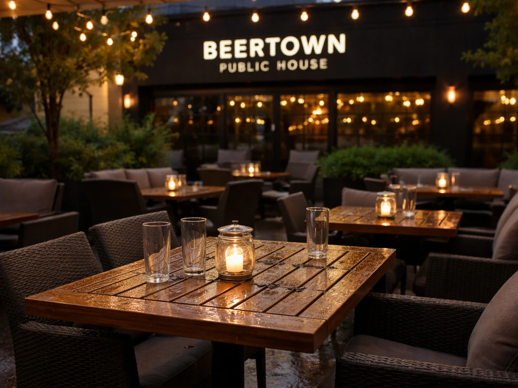 Quiet evening view of Beertown Public House patio with outdoor tables, chairs, and warm lights