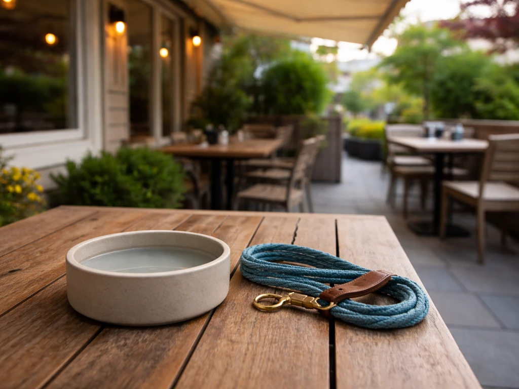 Dog-friendly patio table with a water bowl and leash setup, no dog present, quiet outdoor setting.