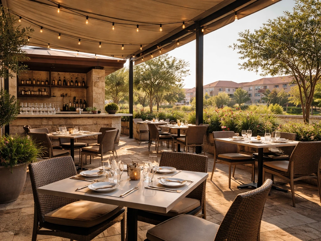 Sunlit Plano, TX patio with shaded outdoor tables and a bar/serving area for drinks.
