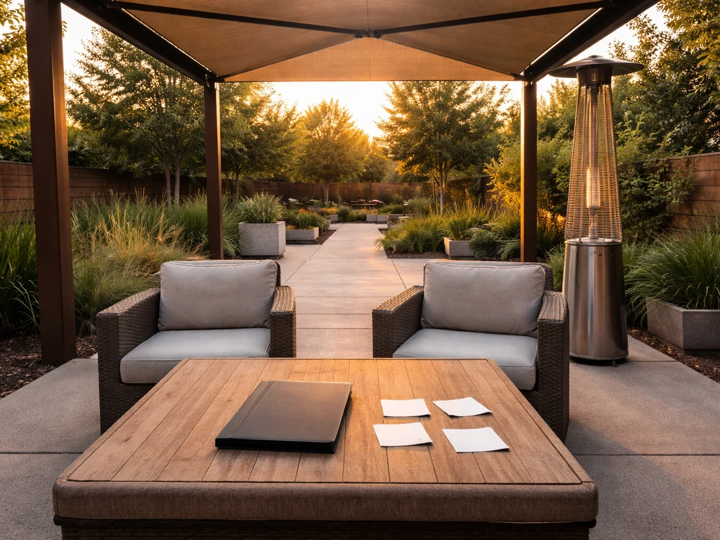 Minimal outdoor patio setting with shaded seating, heaters, and a casual checklist vibe