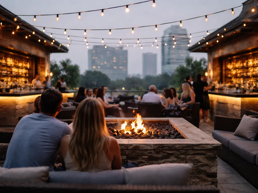 Rooftop patio at Haywire in Legacy West with two bars, fire pit, and a lively date-night vibe