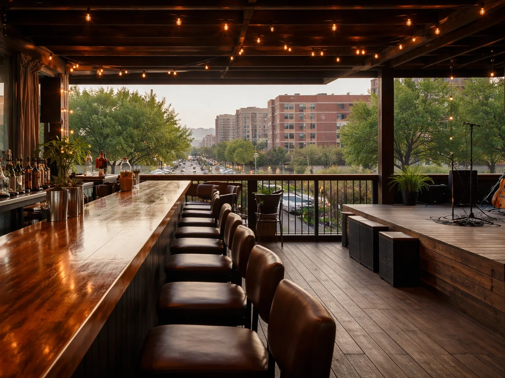 Open-air patio bar in downtown Plano facing the skyline, warm lights and a live-music setup vibe.