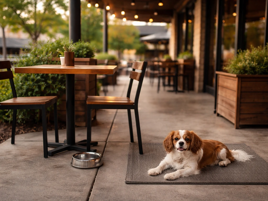 Dog resting on a dog-friendly patio near a water bowl outside a casual Plano restaurant.