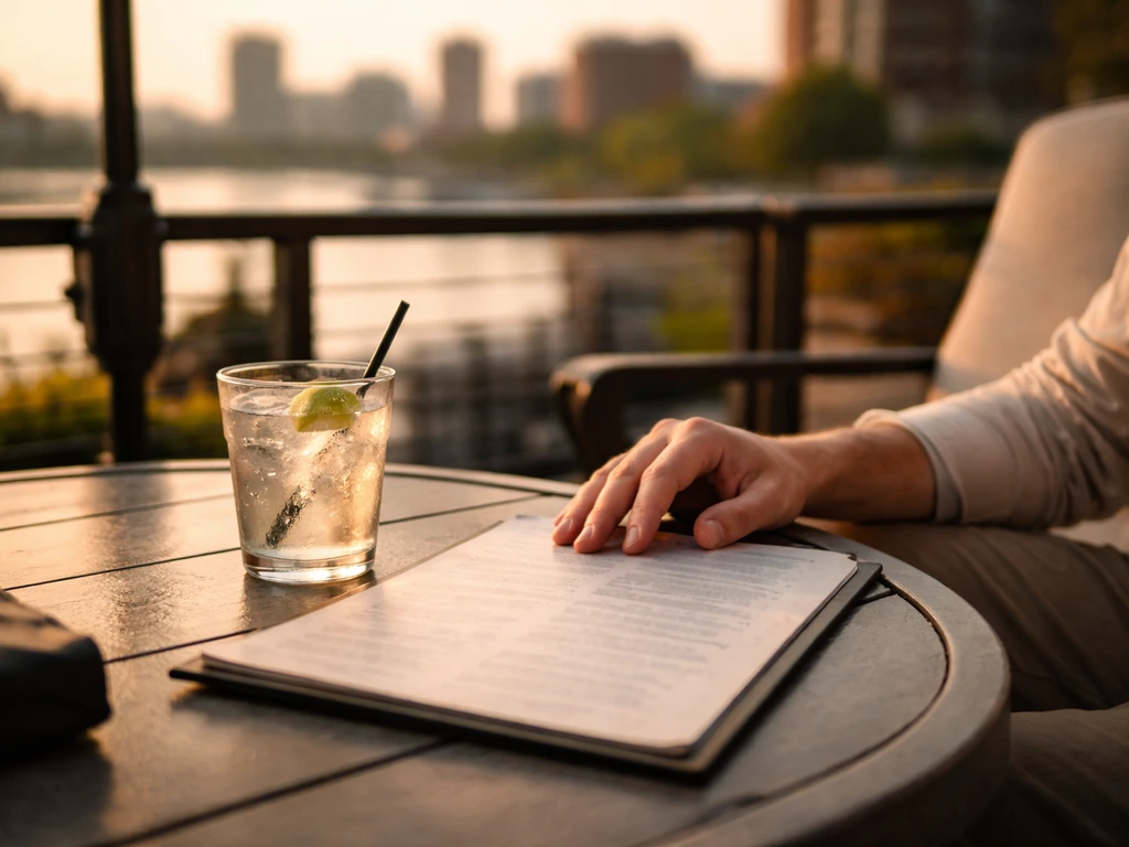 Person comparing patio options at an outdoor restaurant table with menu, drinks, and skyline view