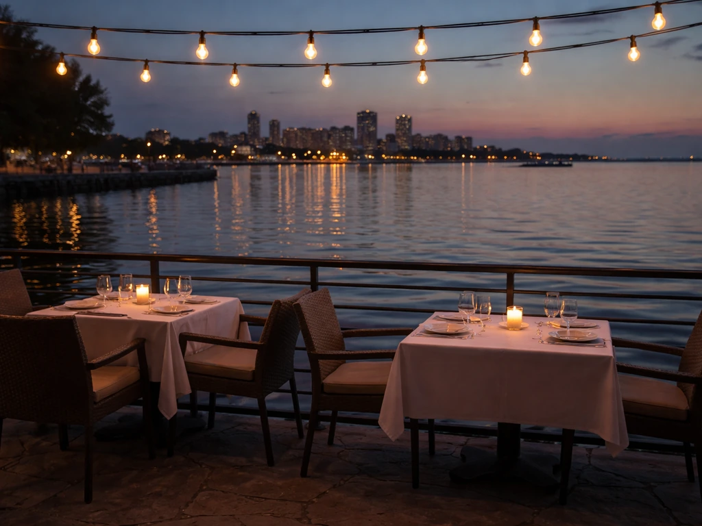 Warm waterfront patio at dusk with two set tables, string lights, and distant Buffalo skyline reflections.