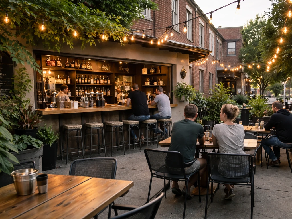 Relaxed outdoor patio with a bar-station ordering setup and warm string lights on a neighborhood street