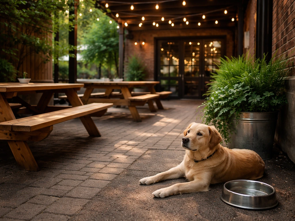 Relaxed dog resting by a water bowl on a cozy brewery patio with blurred taproom doors behind.