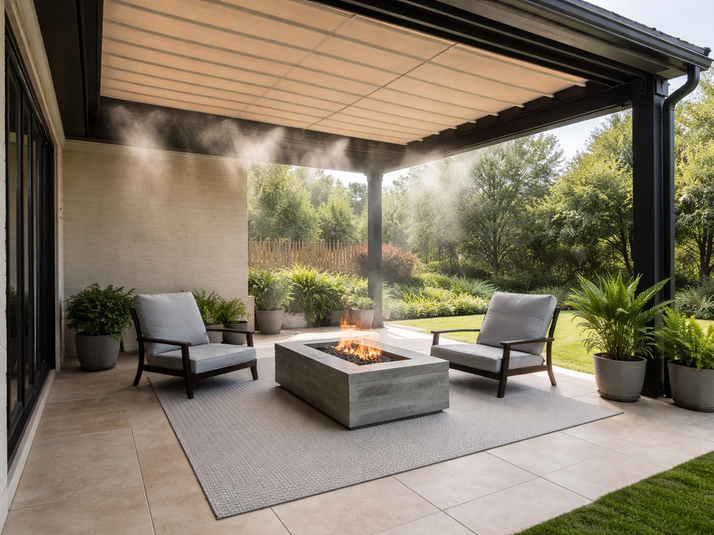 Minimal covered backyard patio showing shade canopy, weather cover, and a simple seating layout.