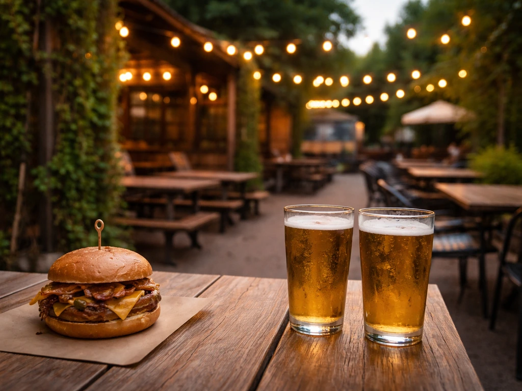 Evening patio scene at Goodfriend Beer Garden with warm lights, greenery, and a burger and beers on a table.