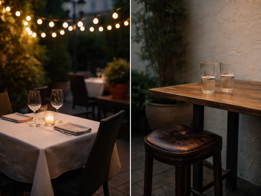 Split patio scene in Dallas: cozy restaurant date-night table lighting beside a bar-style casual beer setup