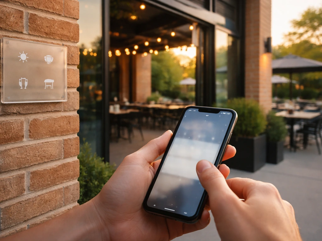 Person outside a Dallas patio entrance checking a phone screen with outdoor patio amenities signs nearby