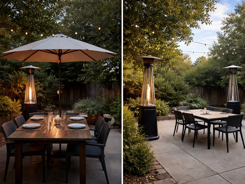 Two outdoor dining setups side by side: shaded umbrella table vs open-sky seating with patio heaters.