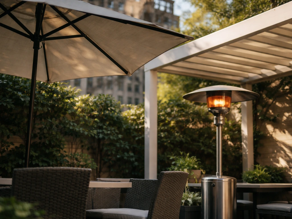 Close-up of an NYC patio with an umbrella canopy, pergola edge, and a warm heat lamp near dining tables.