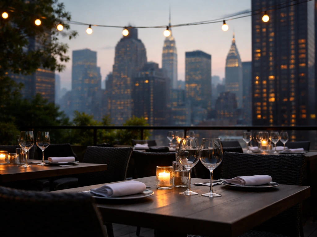 Rooftop dining in Midtown at dusk with outdoor tables and a skyline view over Brooklyn