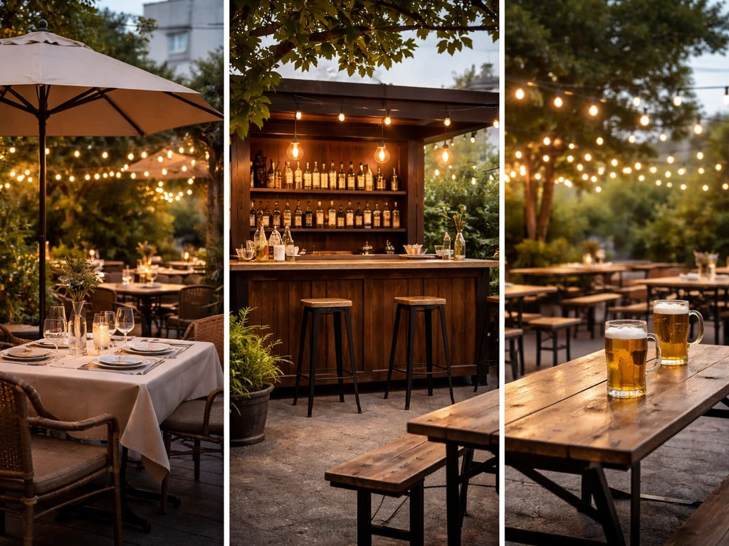 Three patio settings in one image: restaurant table service, bar-style counter seating, and a brewery beer garden.