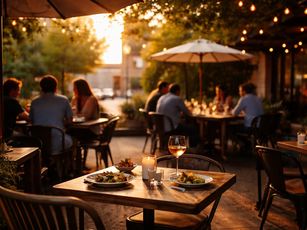 Warm golden-hour patio dining tables in Waco with partial shade and blurred drinks in the background.
