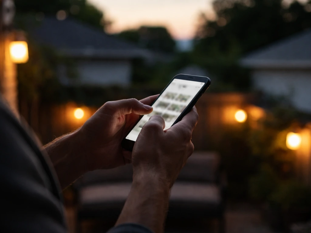Person at dusk using a smartphone to compare patio options for the evening