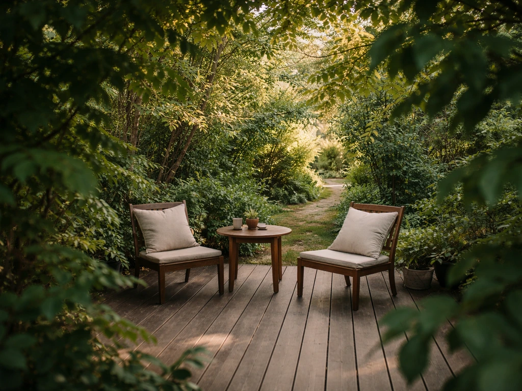 The Will of Waco patio nestled in lush greenery, calm outdoor seating with warm natural light