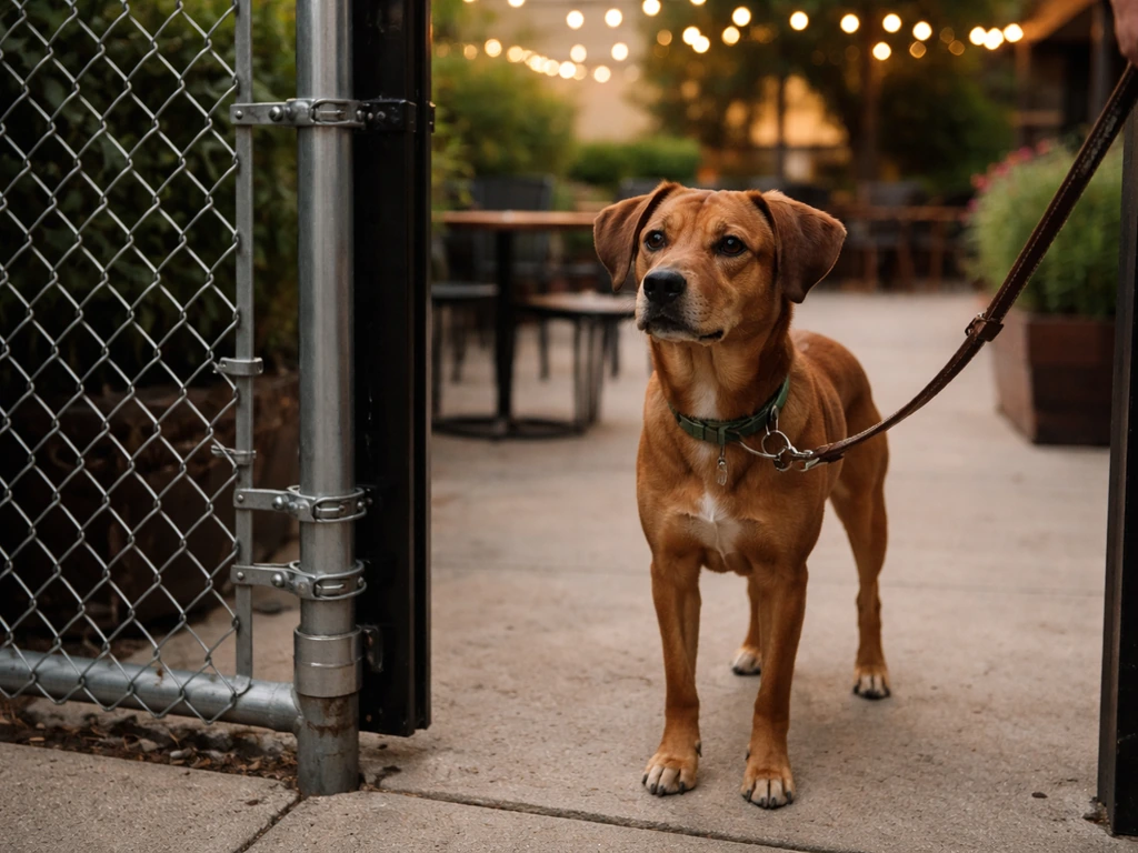 Close-up of a leash-holding moment at a fenced dog-friendly patio with a dog near the gate.
