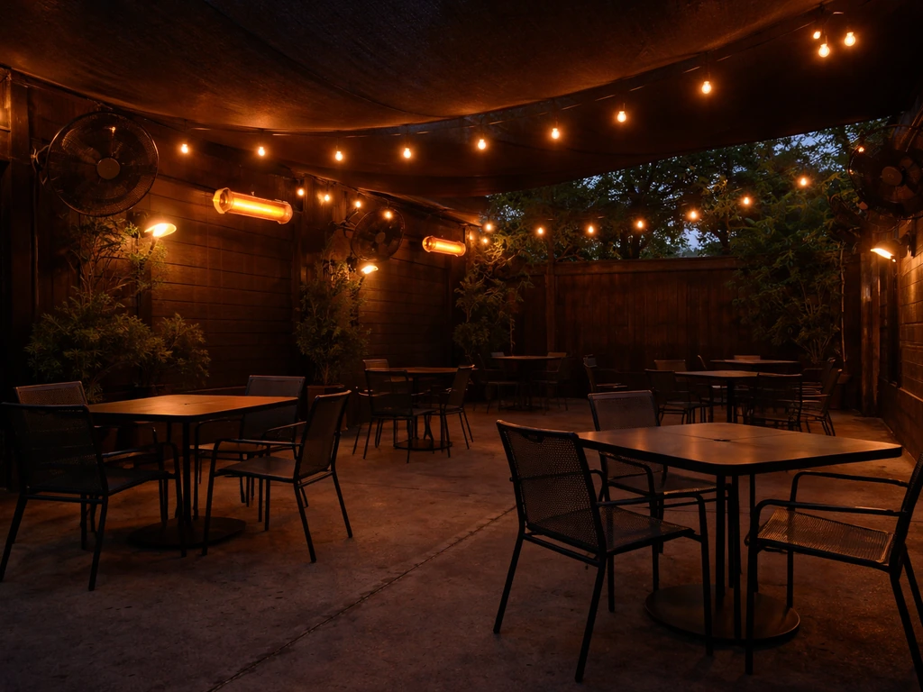 Warm late-night patio with fans and heaters, extended seating at TrueLove Bar Waco under soft lighting