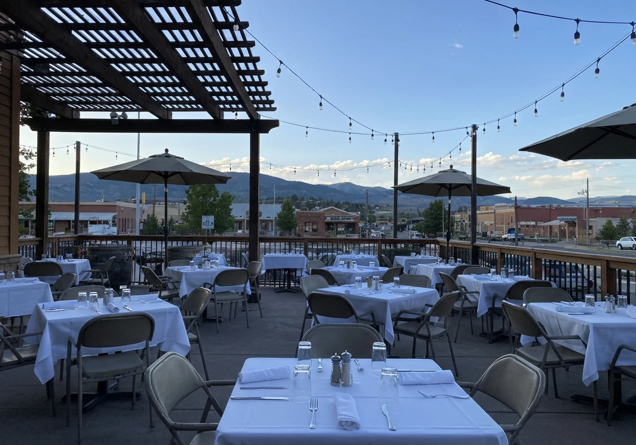 Wide patio dining area in Fort Collins with umbrellas/pergola and mountain-town backdrop.