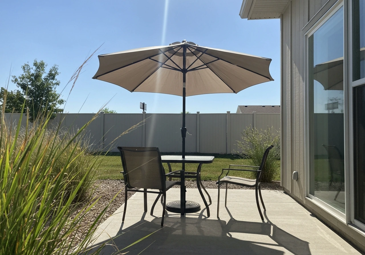 Cozy patio dining area with umbrella shade and sheltered seating in a windy, sunny setting