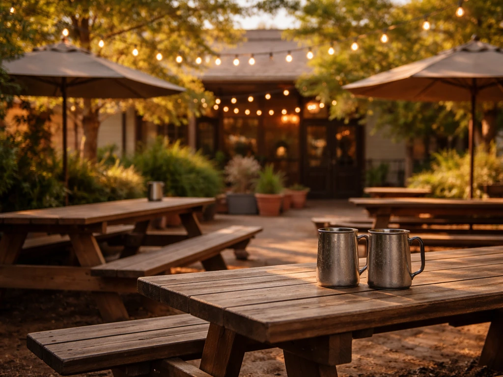 Casual beer-garden patio with warm lights, wooden tables, and inviting brewery atmosphere