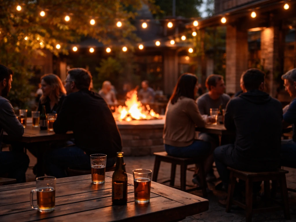 Warm craft beer patio at The Forge Publick House with an outdoor fire and lively atmosphere