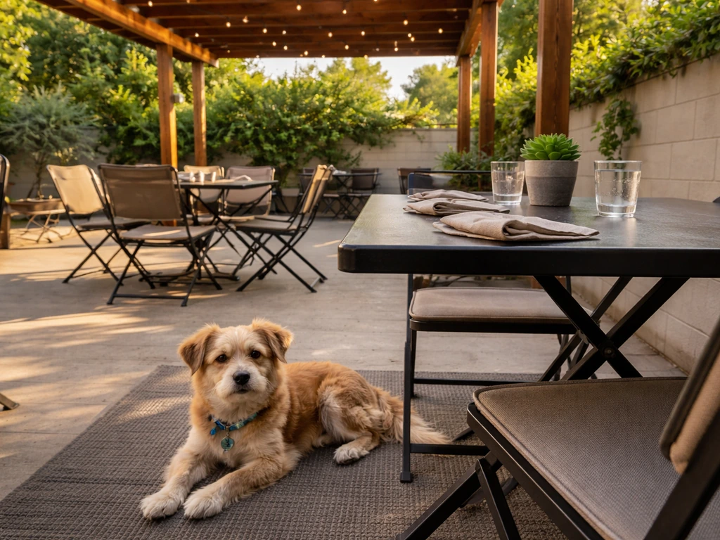 Shaded dog-friendly patio with a relaxed small dog resting near outdoor seating