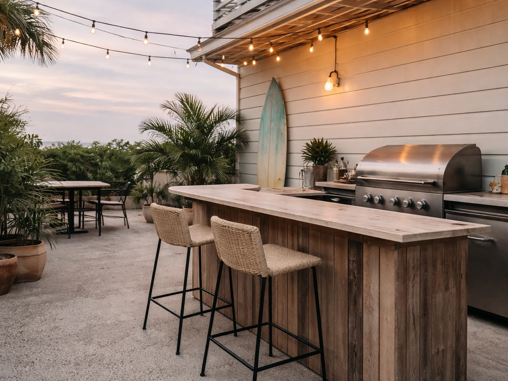Coastal-themed outdoor bar and grille patio with a grill station, stools, and warm string lights.