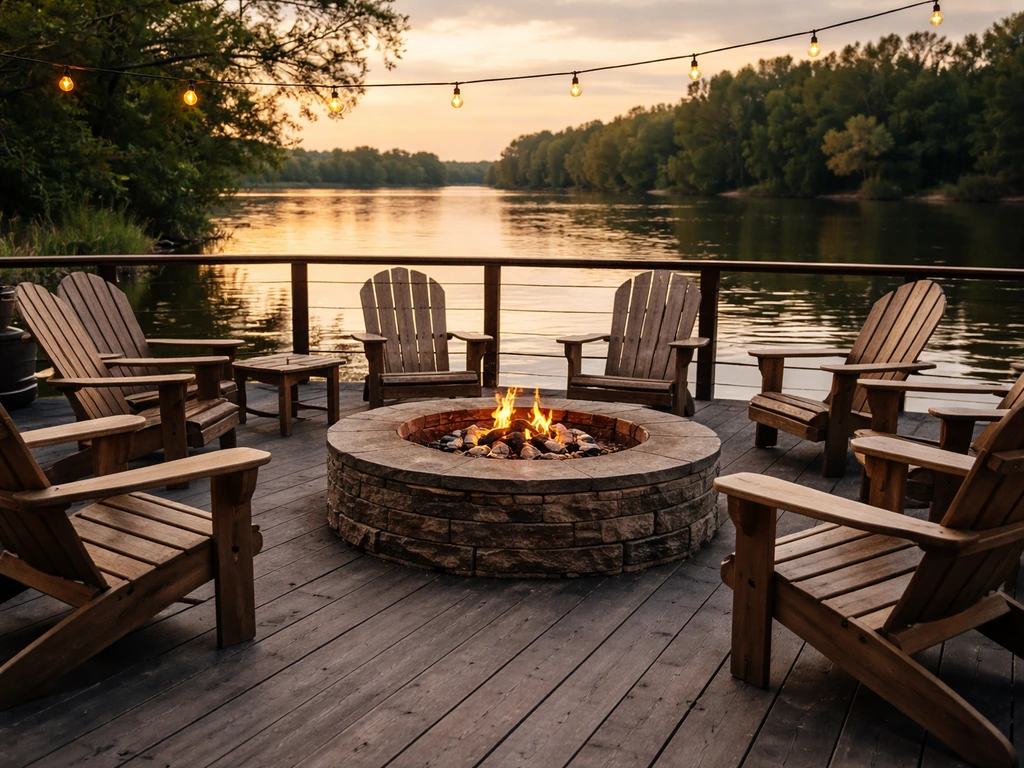 SingleSpeed Brewing DSM taproom patio by the Des Moines river, Adirondack seating and a small fire pit