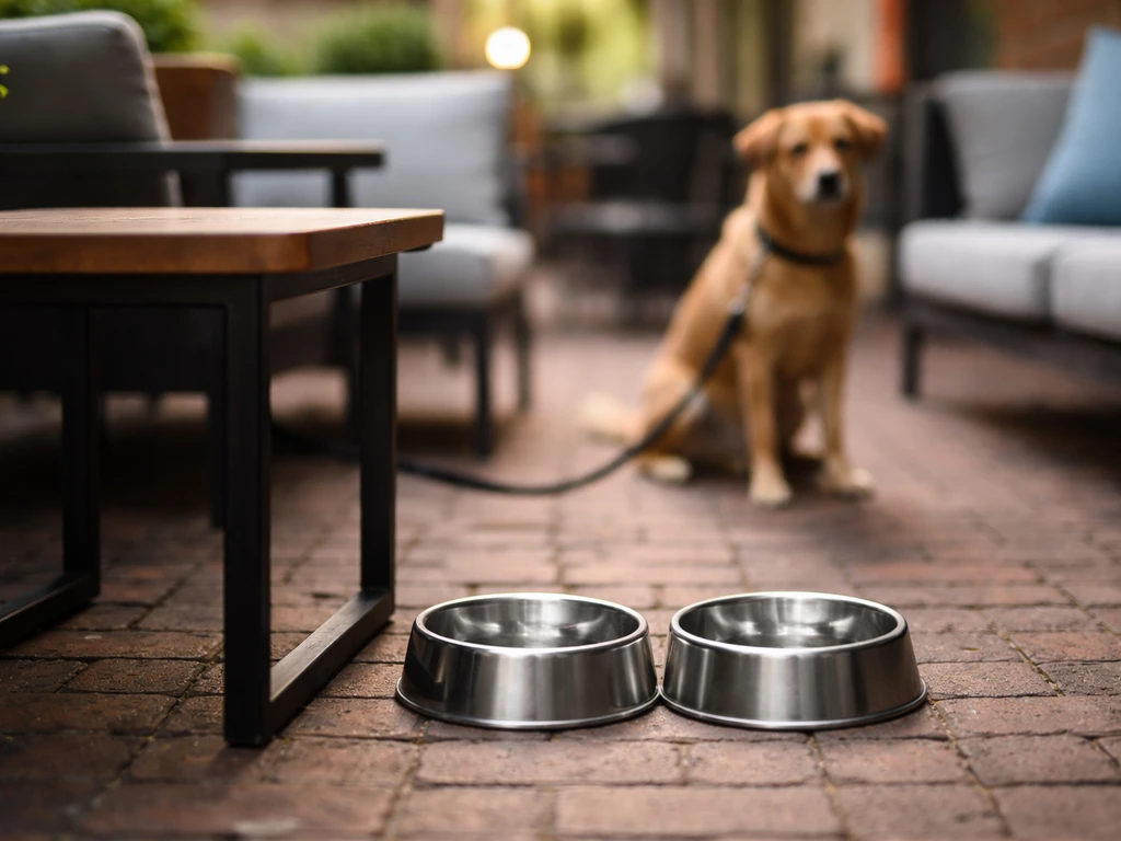 Dog-friendly patio detail with stainless water bowls and a leashed dog nearby in soft natural light.