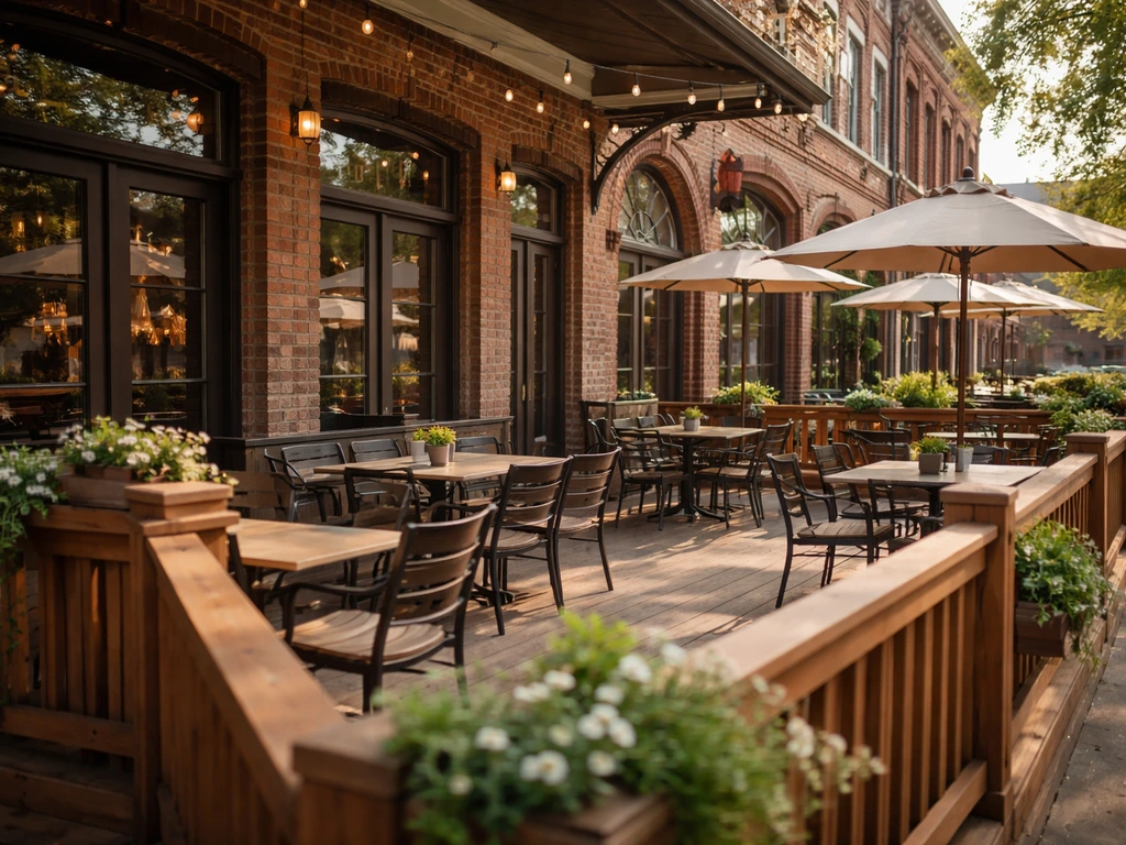 Empty wrap-around patio of a historic restaurant in Valley Junction, West Des Moines in warm daylight.