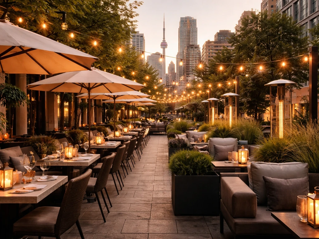 Upscale Yorkville Toronto patio at golden hour with umbrellas, heaters, and a soft skyline backdrop.