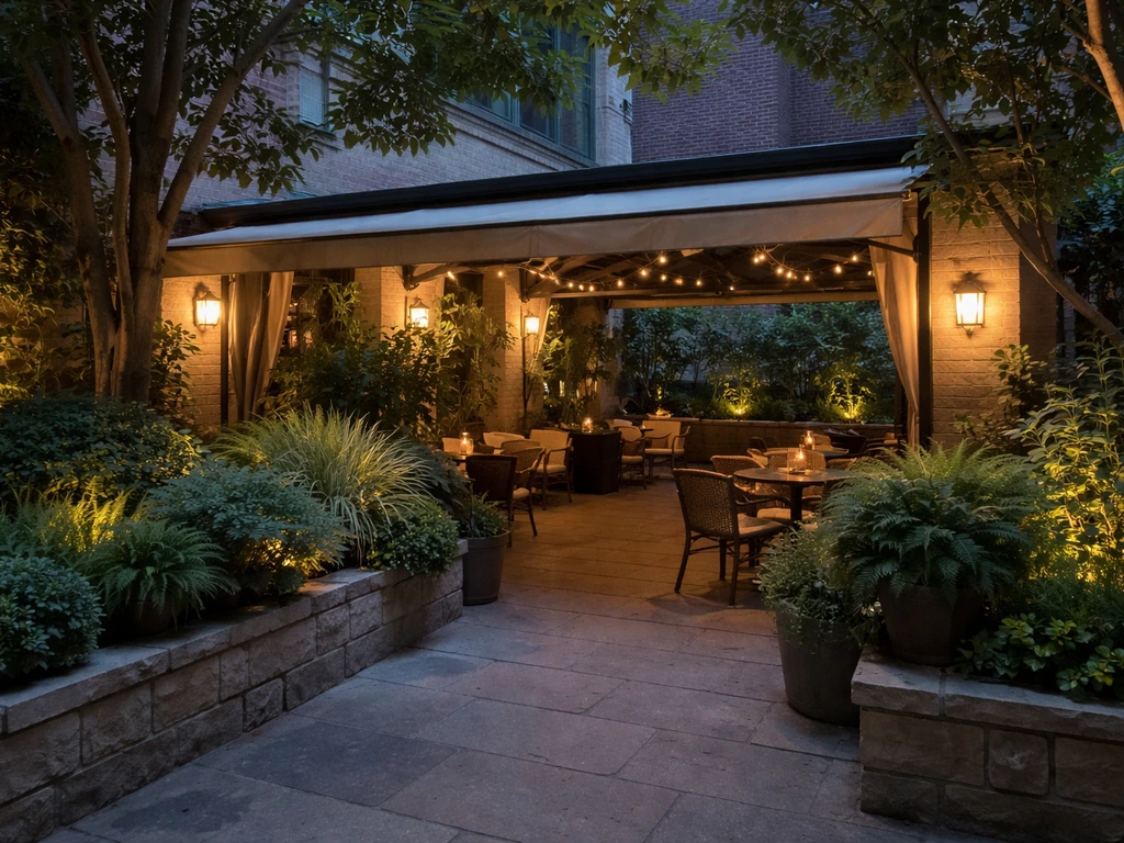 Quiet sheltered courtyard patio with greenery and covered outdoor seating in Yorkville, Toronto at dusk.