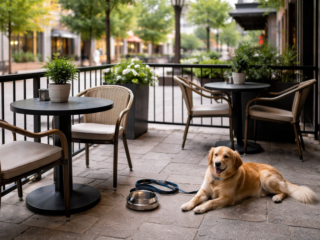 Cozy Toronto patio with outdoor tables and a dog resting nearby on a leash in a pet-friendly setting