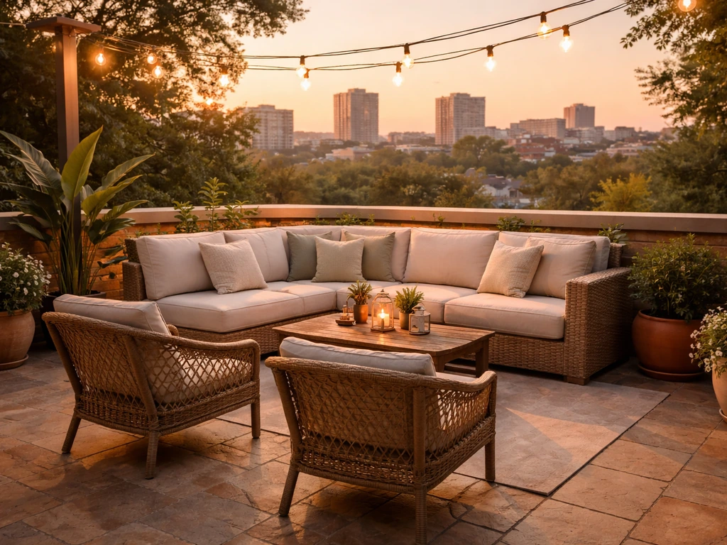 Cozy Knoxville patio with warm string lights and comfortable outdoor seating, city skyline softly blurred behind.